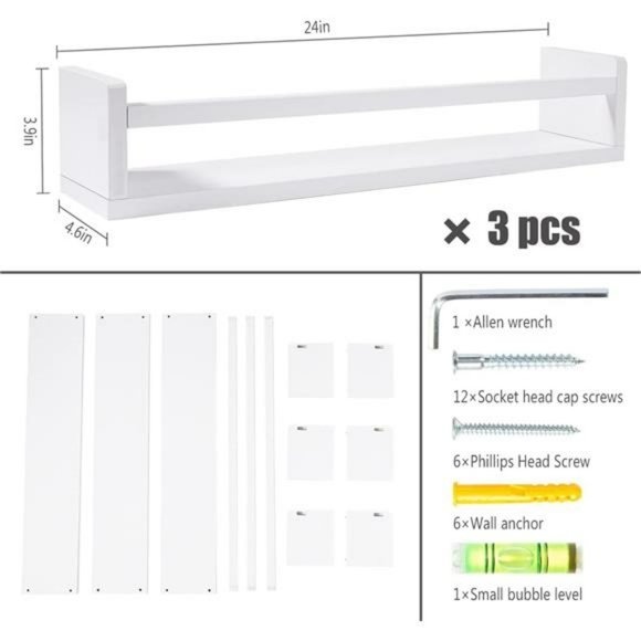 24 Inch White Floating Shelves Set of 3, Wall-Mounted Solid Wood Wall Shelf - Picture 2 of 6